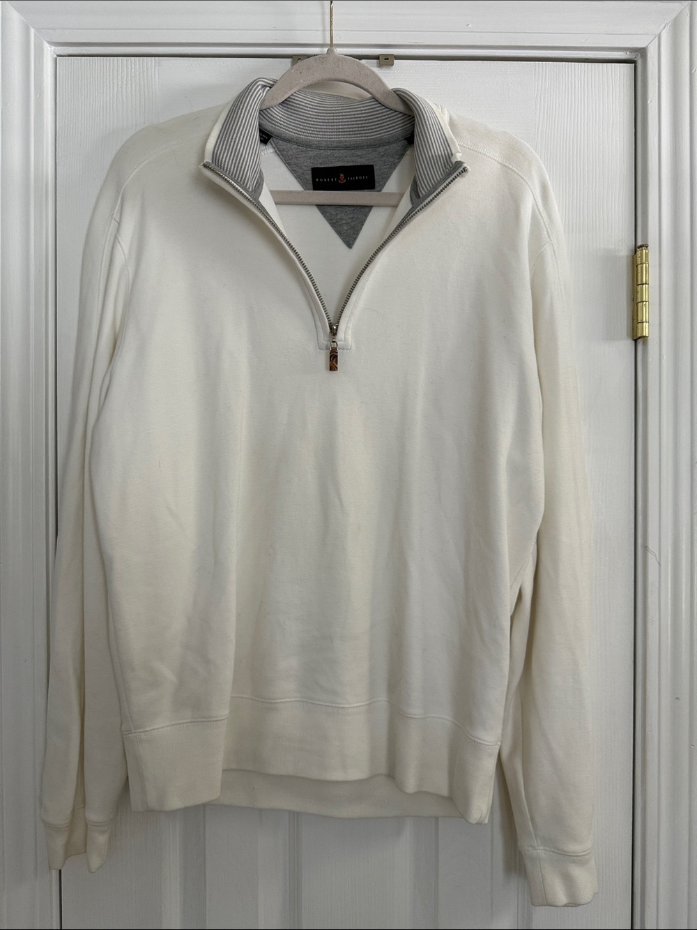 Robert Talbott 100% Pima Cotton White Zip-Neck Sweater with Grey Trim